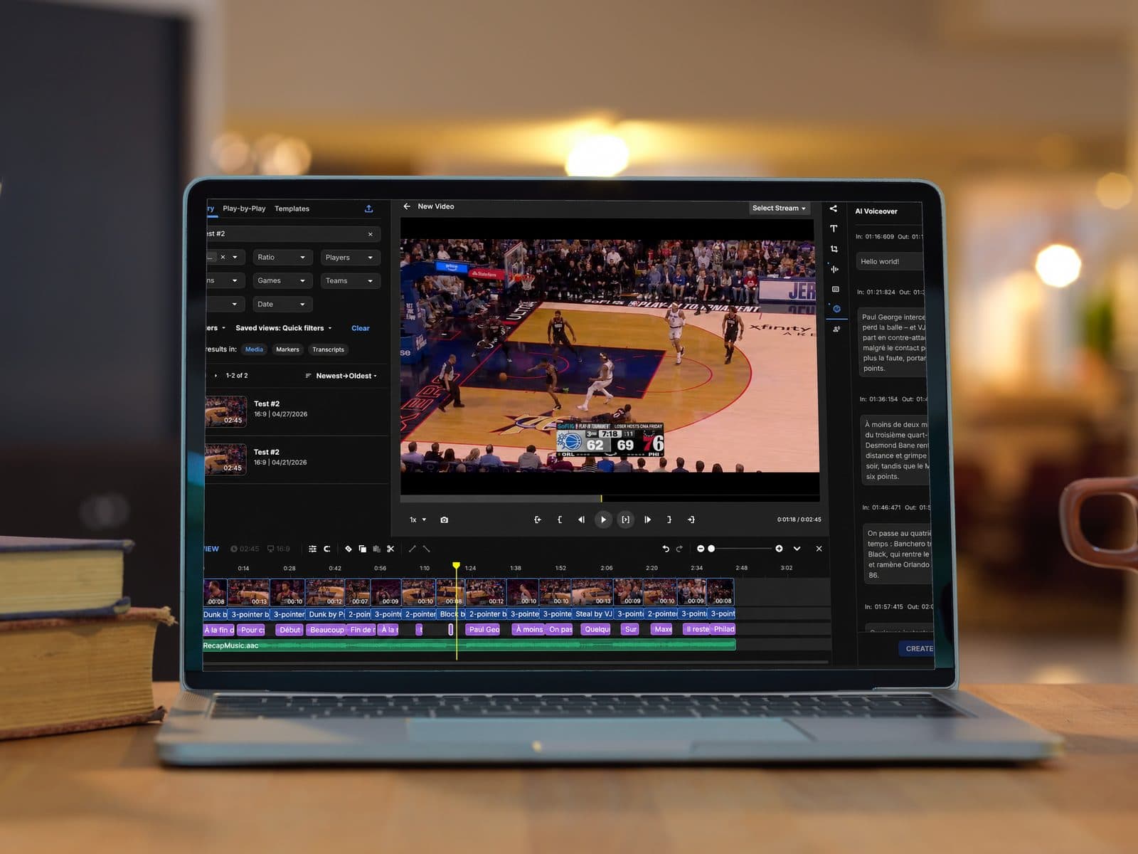 A laptop in a warmly lit room showing the WSC Sports Clipro video editor, with a basketball clip and an AI voiceover panel