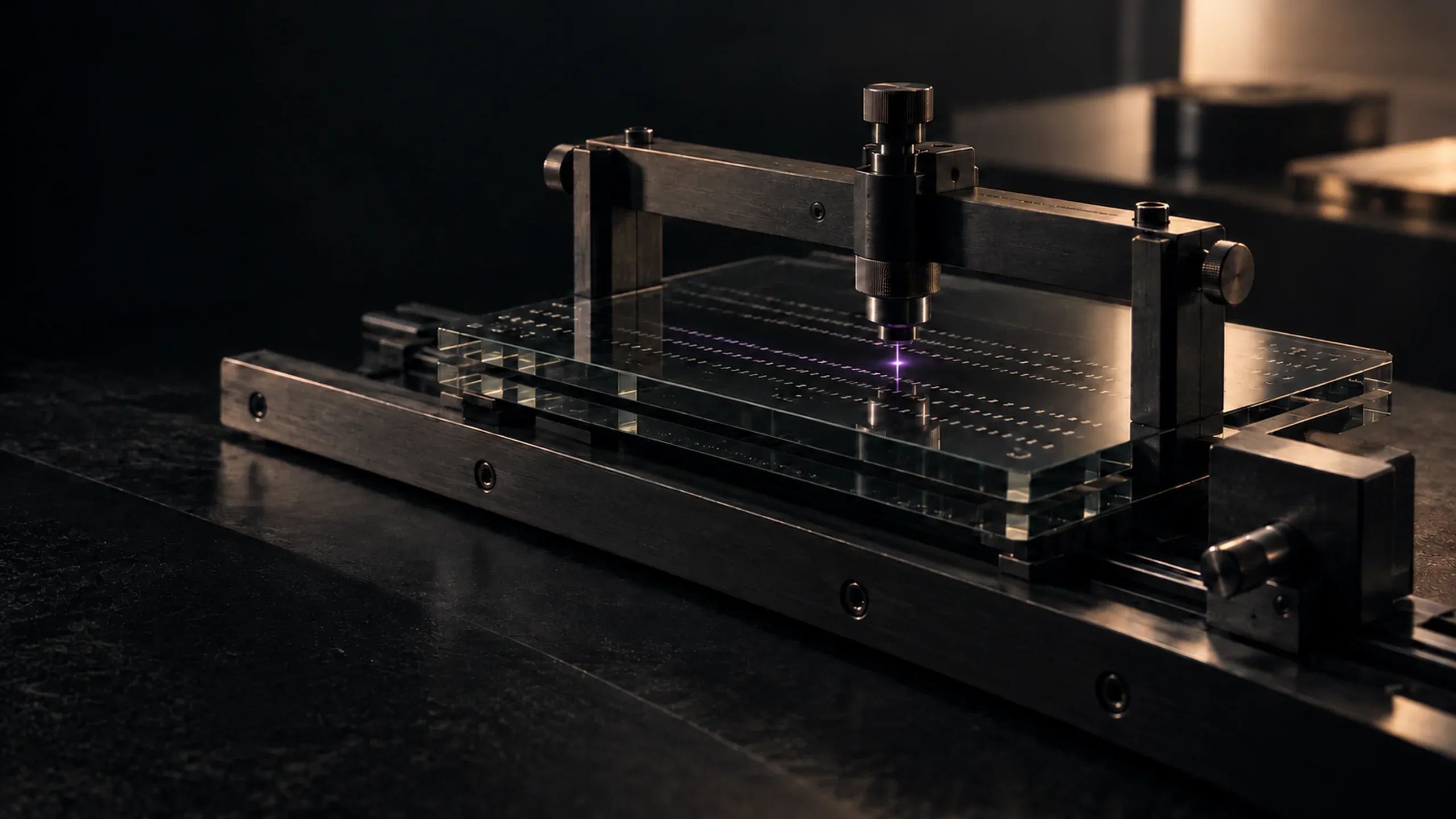 Layers of glass code under a precision inspection bridge, one flaw lit in violet