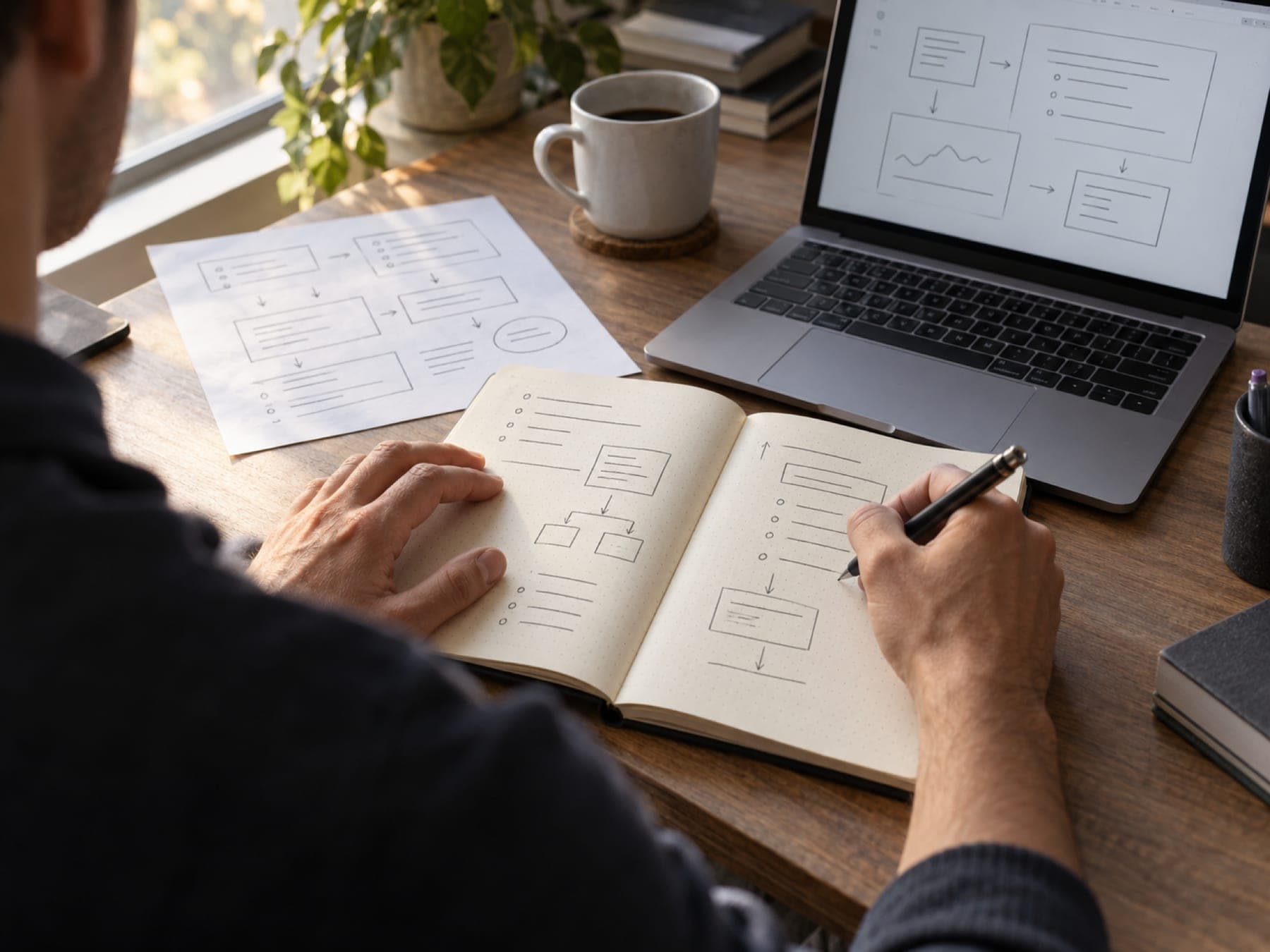 Hands taking notes in a notebook beside a laptop
