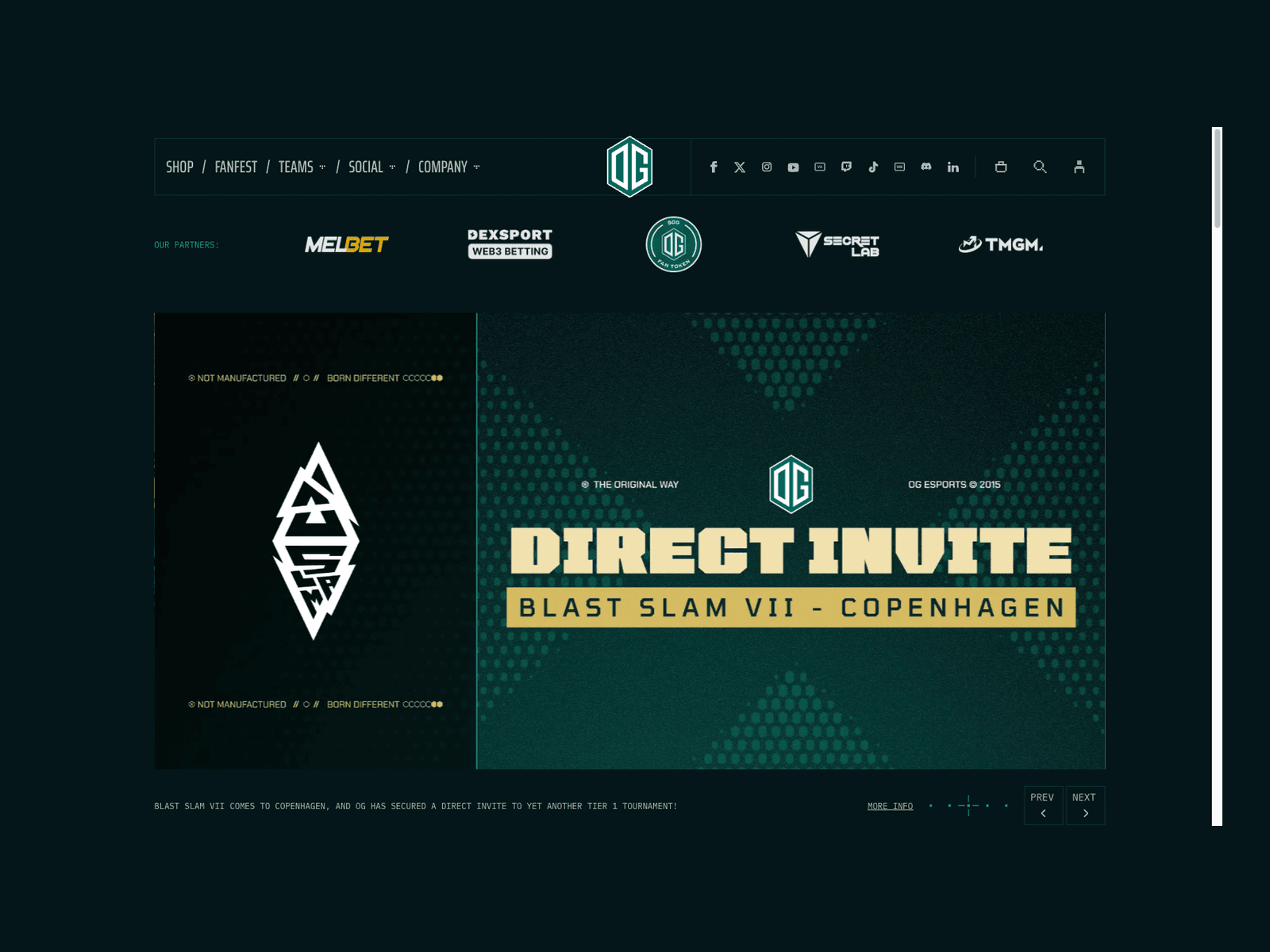 OG Esports website — esports homepage with teams, partners, and FanFest fan-engagement embed