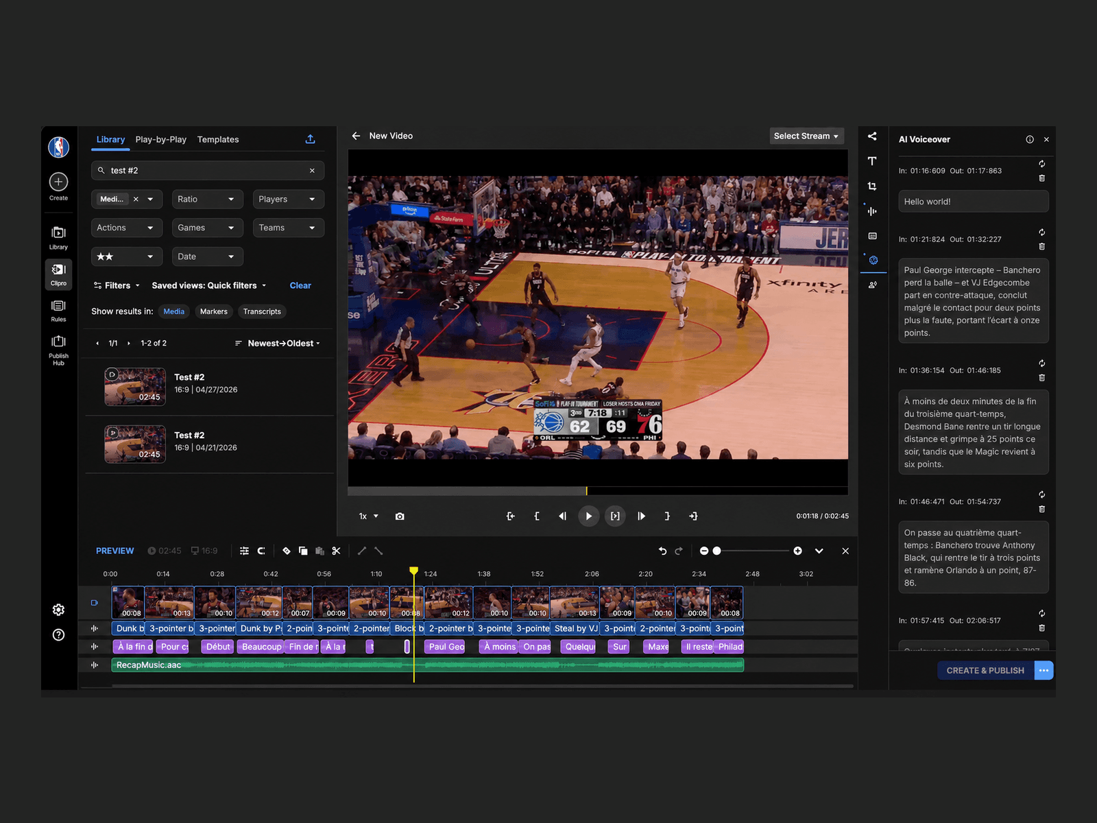 WSC Sports Clipro editor — NBA game footage, AI voiceover panel, and clip timeline